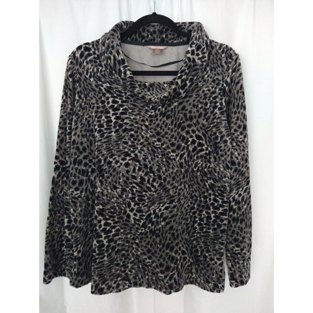 White Stag Size L Velour Leopard Animal Print Cowl Neck Sweater black gray soft
